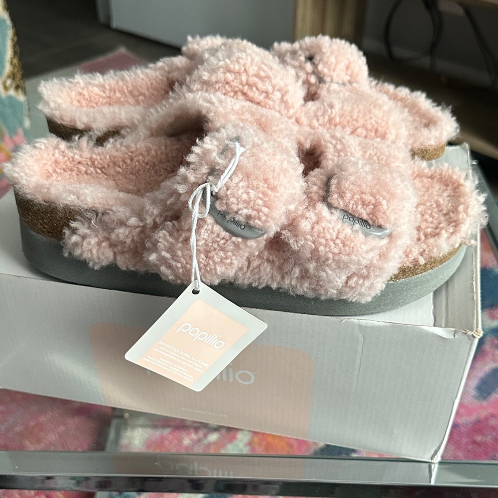 Birkenstock Papillio Soft Pink Fuzzy mule sandals
